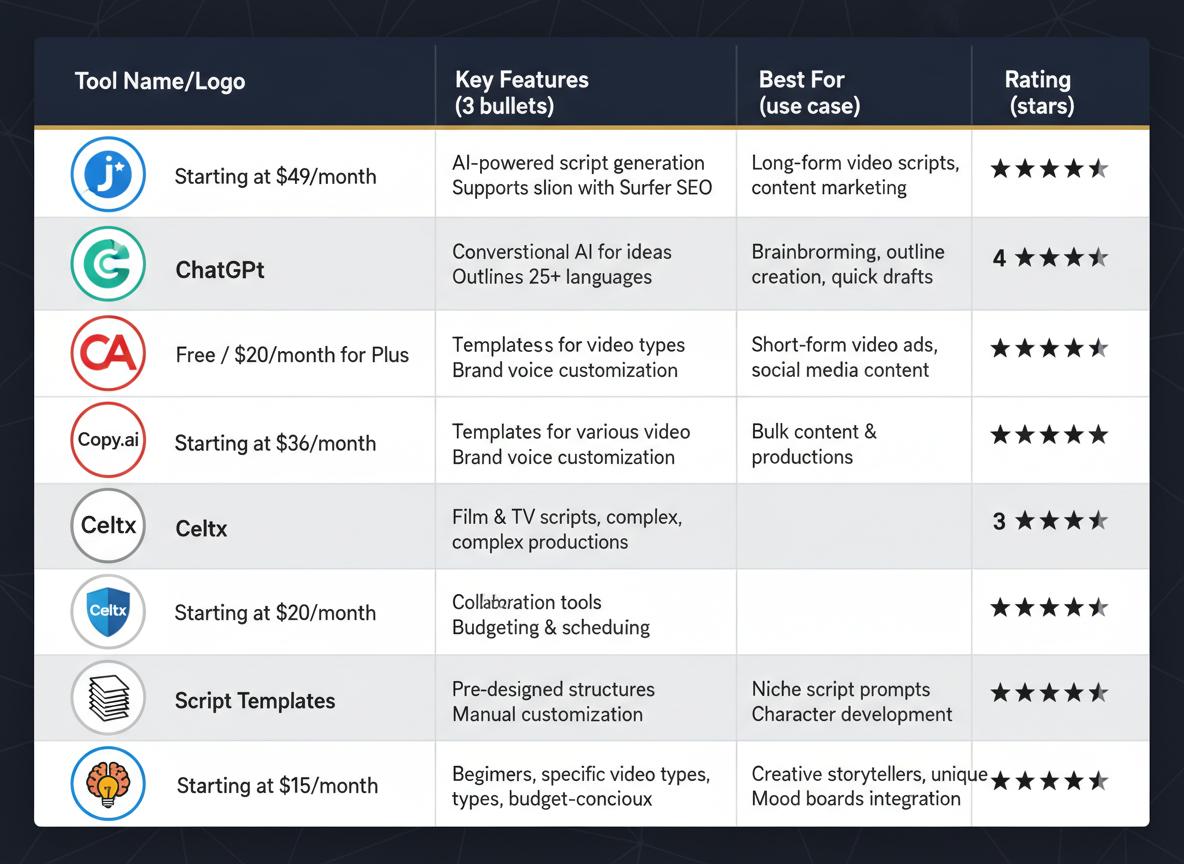 Video Script Tools Comparison (AI Tools, Templates, Traditional Methods)