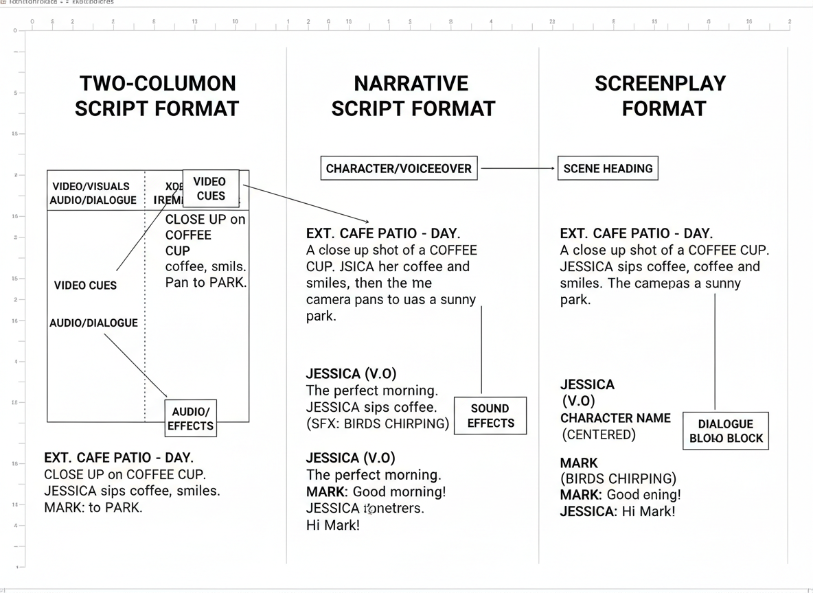 Script Formatting Standards: Two-Column vs Narrative vs Screenplay Style