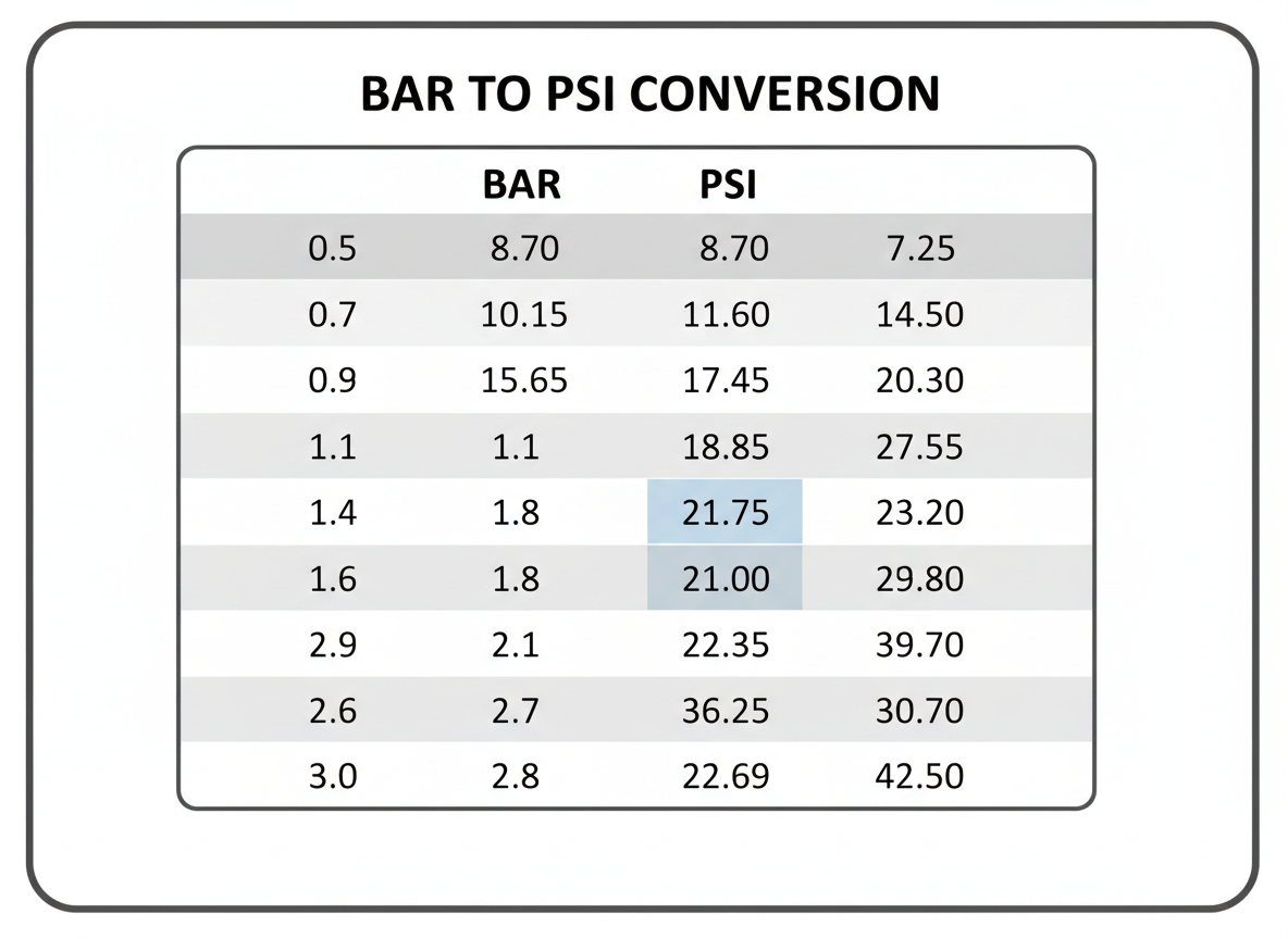 Quick Reference: Bar to PSI Conversion Table